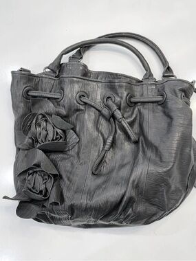 Vince Camuto Black Drawstring Hobo with Floral Rosettes